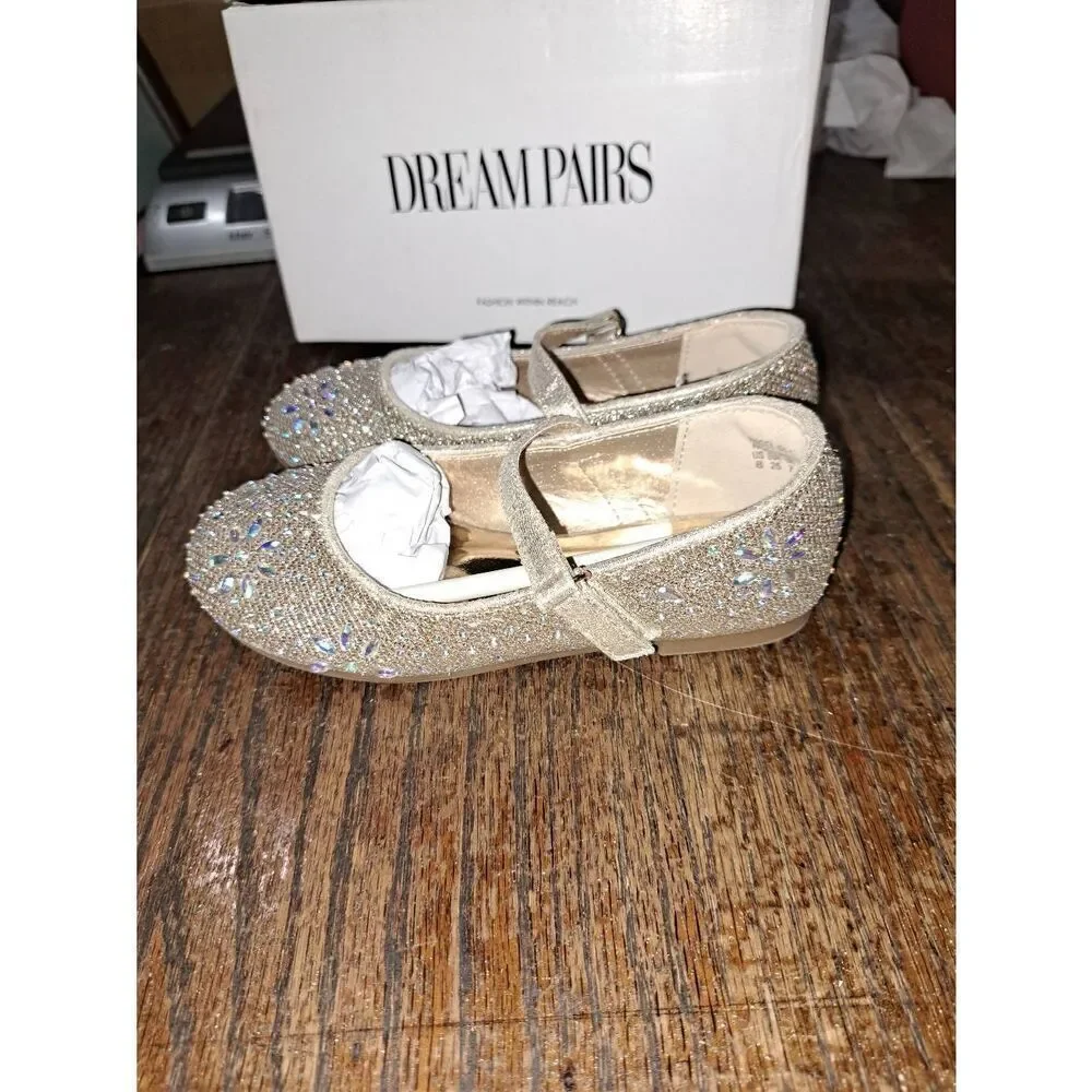 Girls Size 8 Dream Pairs Gold Glitter Embellished Angel Mary Jane Dress Shoes